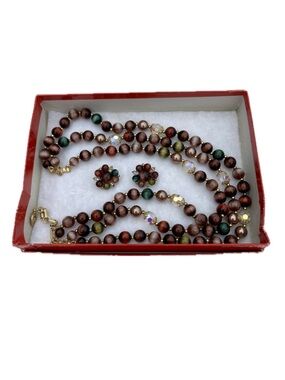 Vintage Lisner Beaded Necklace Clip Earring Set Brown Green Costume Jewlery